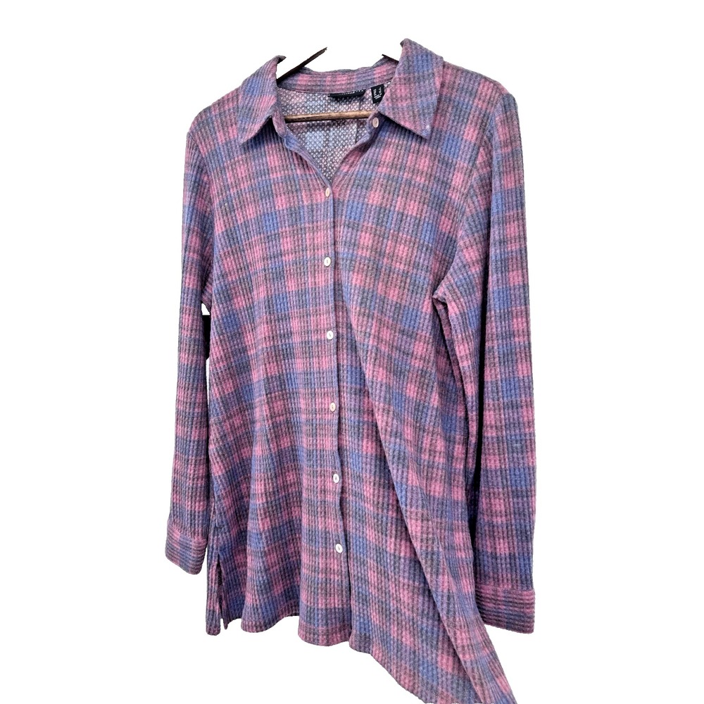 Susan Graver Weekend L Soft flannel Button Up Shirt Textured Comfy Gauzy QVC
